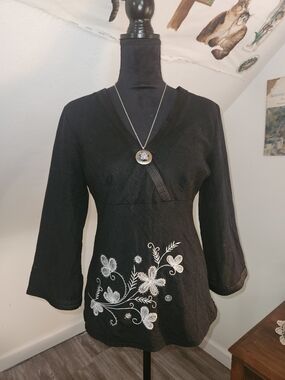 Black Silk Embrodered Bell Sleeve Top